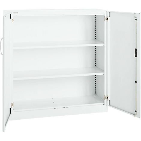 White cabinet, both doors open. Three shelves inside.