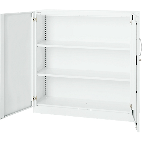 White cabinet with open doors, revealing three white shelves.