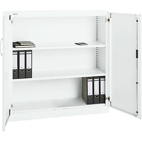 White filing cabinet with open doors, folders, and notepad.