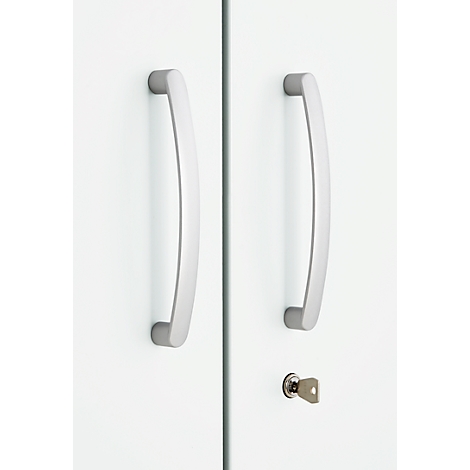 Two white cabinet doors with curved metal handles and a keyhole with a key.