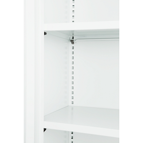 Close-up of a white cabinet with empty shelves, looking inside. The shelves are bare and clean.