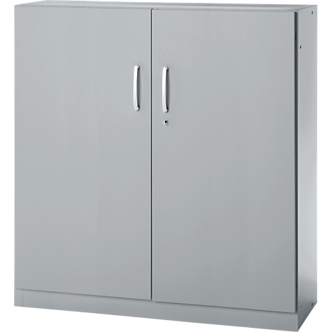 Grey filing cabinet with two doors and silver handles. A lock is located in the middle.