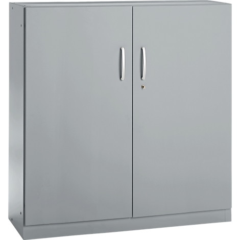 Grey cabinet with two doors, two silver handles, and a keyhole.