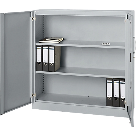 Gray filing cabinet with open door, three shelves, file folders, and notebook.