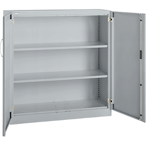 Gray steel cabinet, one door open, three shelves. Handle and hinges visible.