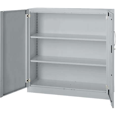 Grey, open cabinet with three shelves, one door open. Visible hinges, handle, and lock.