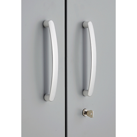 Grey cabinet doors with silver handles. A key is in the keyhole.