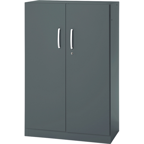 Dark grey cabinet with two doors, silver handles and a lock.