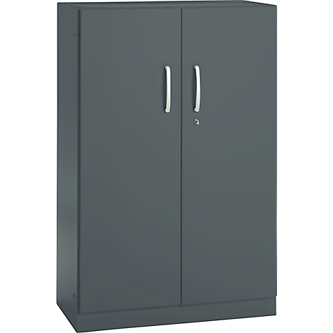 Dark grey cabinet with two doors, silver handles, and a keyhole.