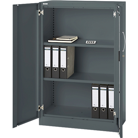 Grey steel cabinet with open door, filled with folders and notebook.