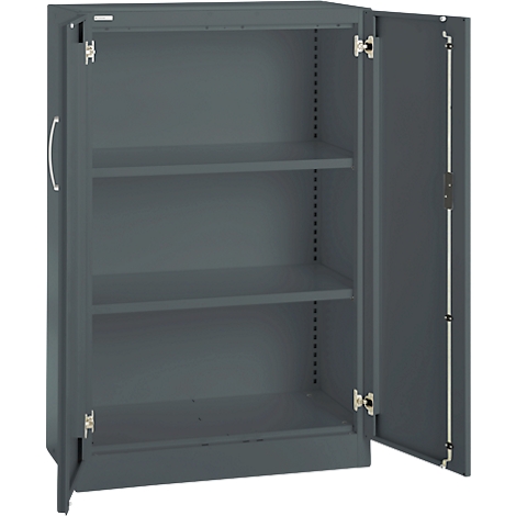 Grey steel cabinet with open doors. Three shelves are visible.