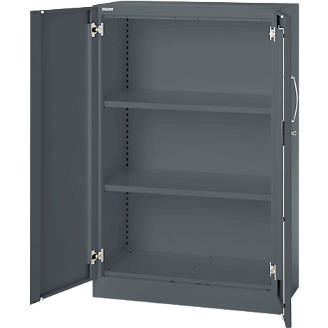 Gray steel cabinet with open doors. Three shelves.