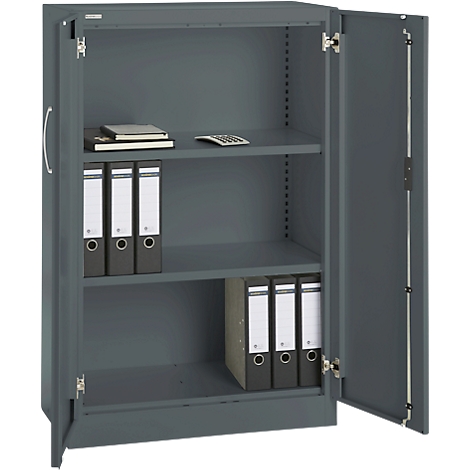 Gray filing cabinet with open door filled with folders and office supplies.