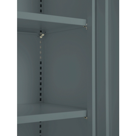 Interior view of a gray cabinet with shelves. The supports are clearly visible.