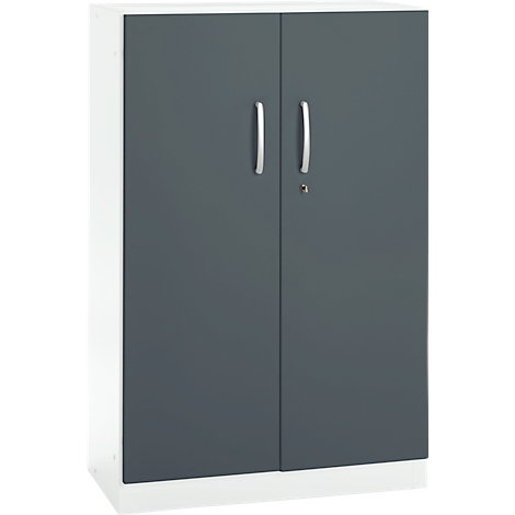 A gray cabinet with two doors, two silver handles, and a keyhole. The cabinet stands on a white base.