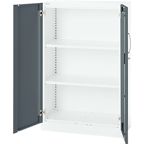 An open white cabinet with gray doors and three shelves. The right door is open, handle is visible.