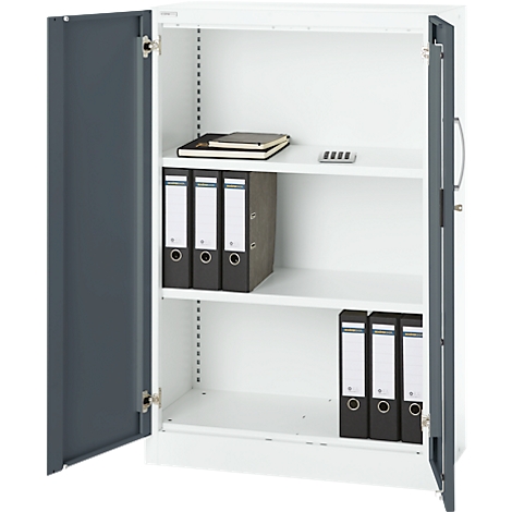 Open grey filing cabinet with file folders on the shelves. The left door is half open.