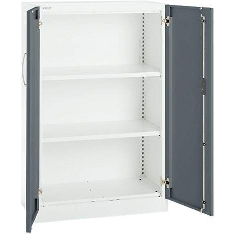White steel cabinet with open gray doors, three white shelves inside.