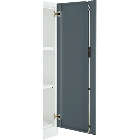 An open, dark grey cabinet with hinges and shelves. The frame is white.