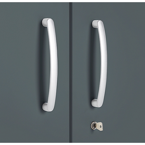 Two white, curved door handles on a gray cabinet door. Below, a keyhole with a key.