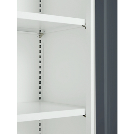 White shelf with two shelves. On the right side a gray side wall. On the inside there are rows of holes.