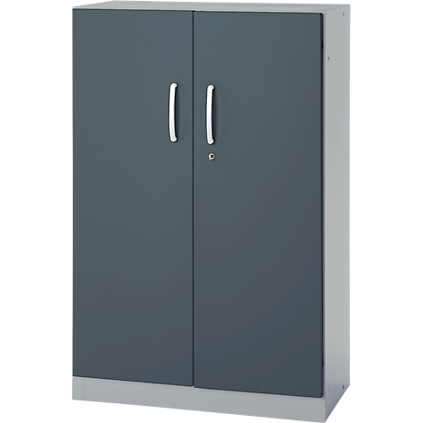 Gray cabinet with two doors, two handles and a keyhole.