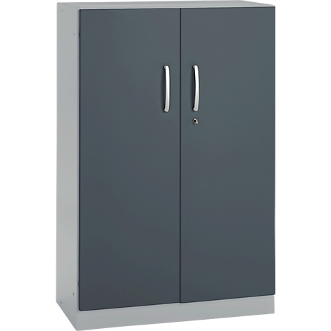 Grey steel cabinet with two doors, silver handles, and keyhole.