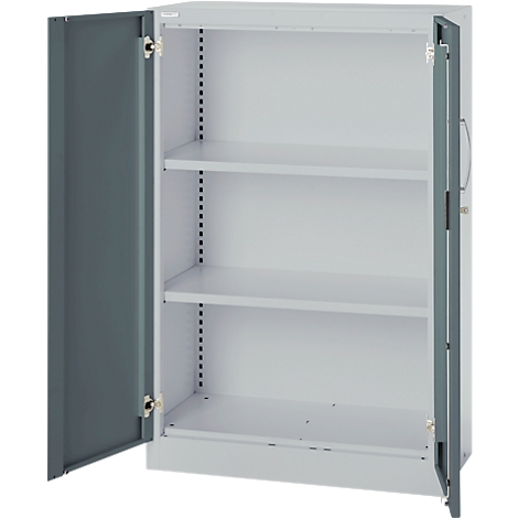 An open, gray steel cabinet with three shelves. The left door is fully, the right is half open. The hinges are silver.