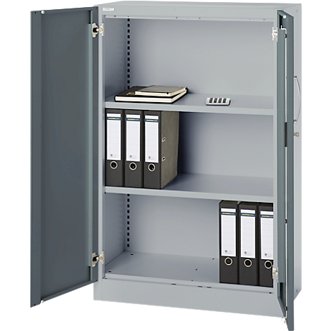 Grey filing cabinet, open, with folders and notebook on the shelves.