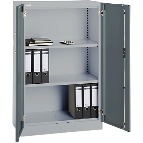 Grey filing cabinet with open doors. Folders and office supplies are in the cabinet.