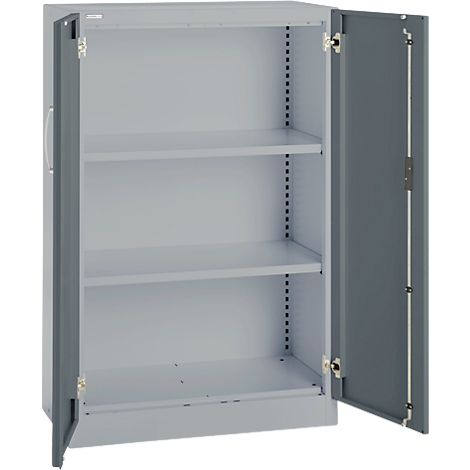 Gray steel cabinet with open doors and three shelves.