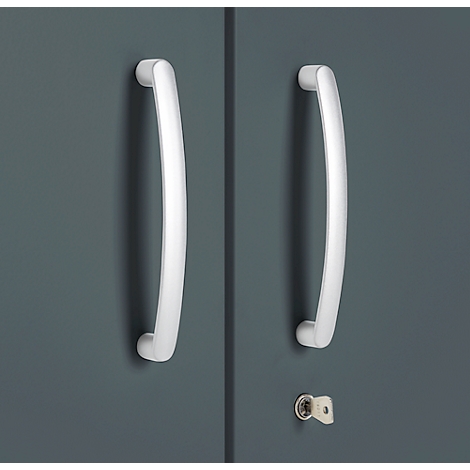 Two white, curved door handles on a gray door, below is a keyhole with a key.