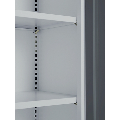 Close-up of an empty white cabinet with shelves, a gray side panel and a view of the back wall.