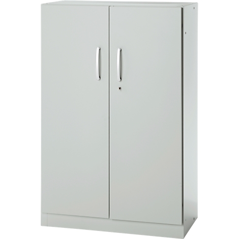Gray steel cabinet with two doors, silver handles, and a keyhole.
