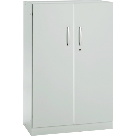 Grey cabinet with two doors, silver handles and lock.