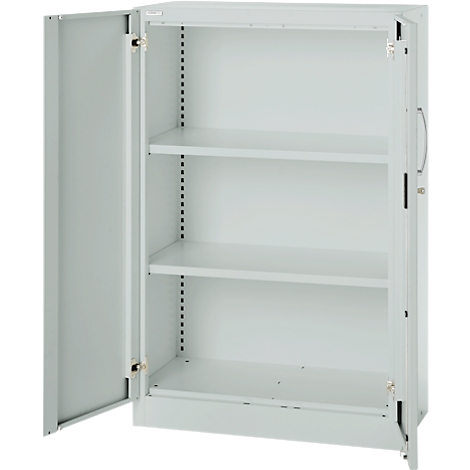Open gray steel cabinet with three shelves.