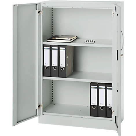 Open gray steel cabinet with three shelves. Files, notebook and calculator are on the shelves.