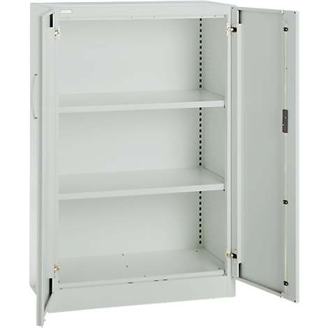 Light gray steel cabinet with two open doors and three shelves.
