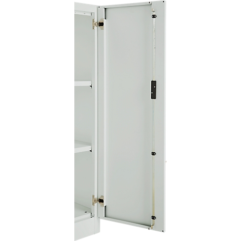 White cabinet, the door is half open. Hinges and brackets are visible. The cabinet has shelves.