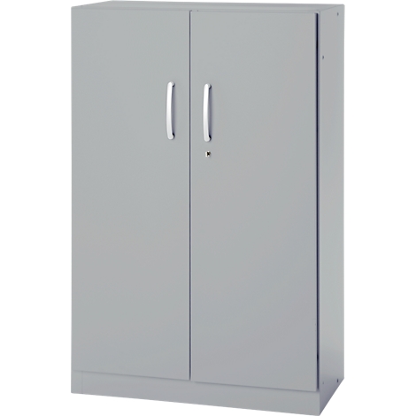 Gray cabinet with two doors, silver handles, and a lock.