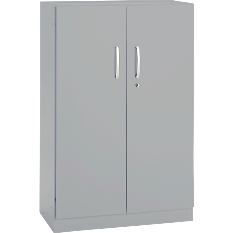 Gray cabinet with two doors and silver handles; a keyhole is visible on the front.