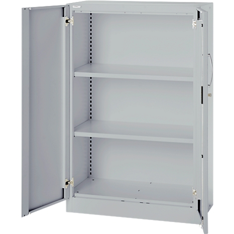 An open, gray steel cabinet with three shelves. The left door is open, the lock and handle are visible.