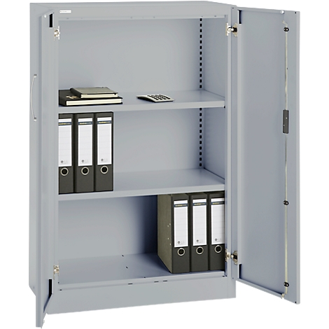 Grey steel cabinet with open door. Interior shelves with files, notebooks, and a calculator.
