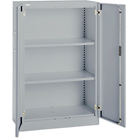 Gray steel cabinet, open doors, three shelves. Metal cabinet with one handle, suitable for storage in the office or workshop.