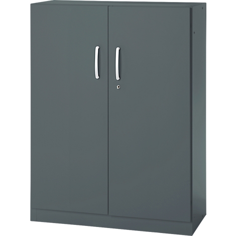 Dark grey steel cabinet with two doors, silver handles and lock.