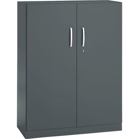 Dark gray cabinet with two doors, silver handles, and a lock.