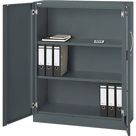Grey steel cabinet with open door, shelves, and folders. A notepad is on the top shelf.