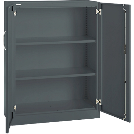 Gray steel cabinet, doors open. Inside with three shelves, hinges and handle visible.