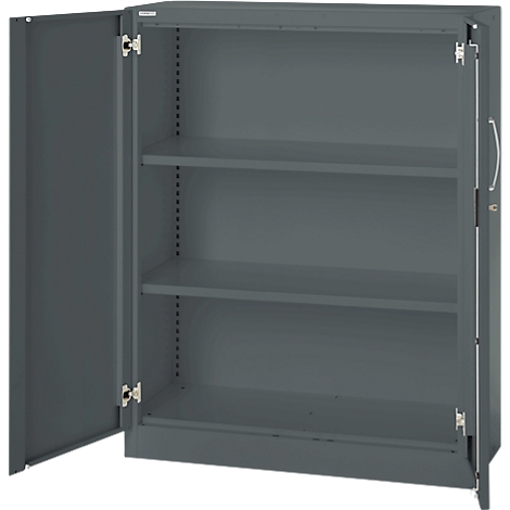 Gray steel cabinet, left door open. Three shelves are visible inside the cabinet.