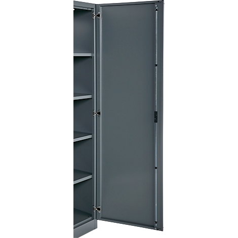 Open grey filing cabinet. The door is open, shelves behind. Hinges and a handle are visible.
